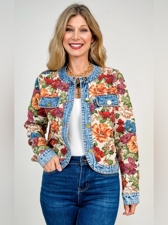 Veveret Jackets & Blazers - NEW VEVERET FLORAL TAPESTRY JACQUARD DENIM STATEMENT JACKET GOLD BUTTONS SIZE M